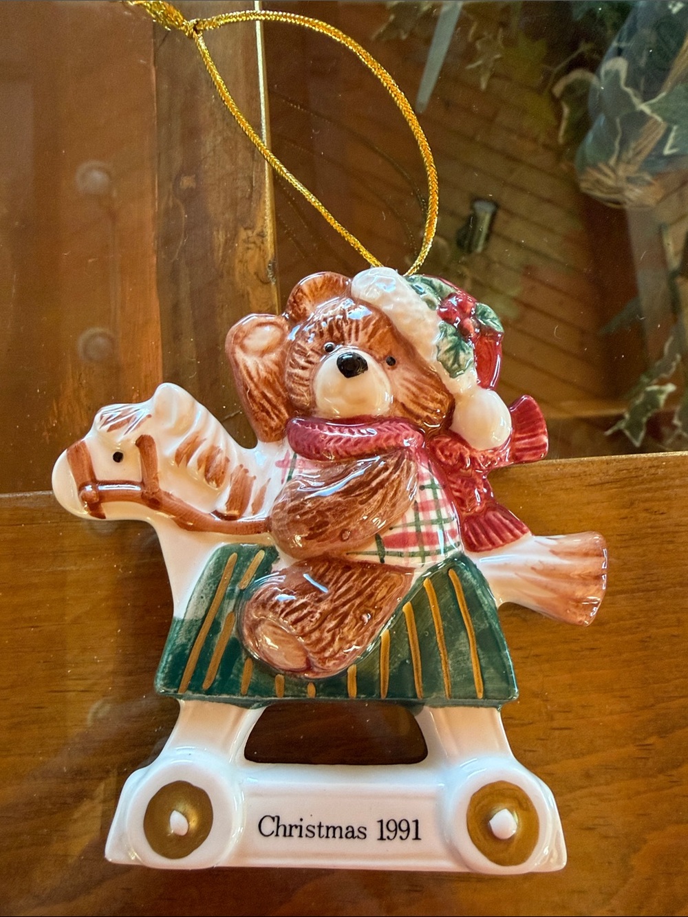 1991Fitz and Floyd Brown Bear on Rocking Horse Ornament with Red & Green Accents